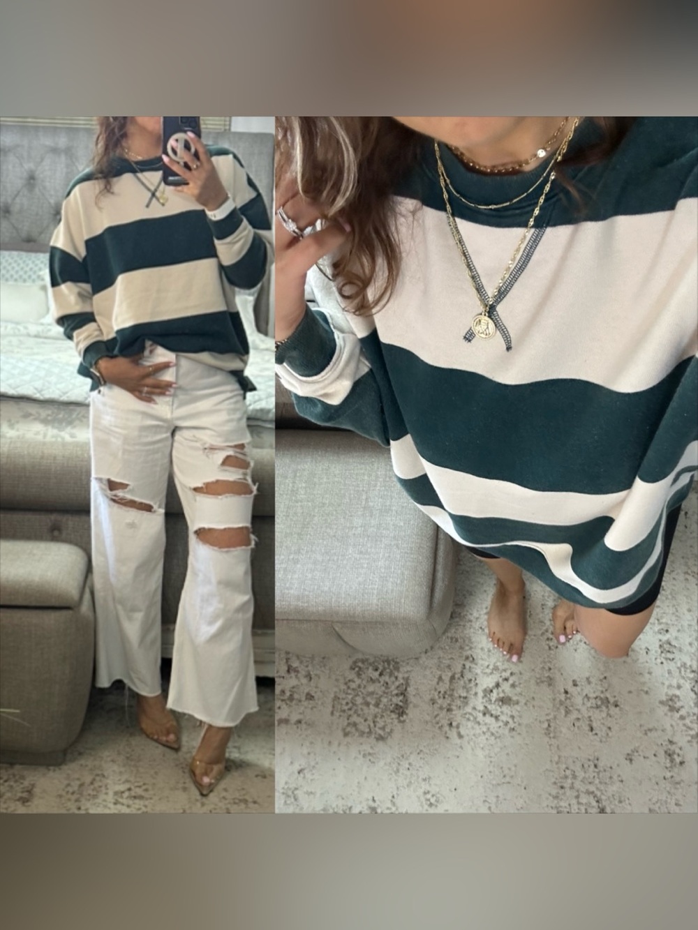 New🍂 💚🤍 Varsity Vibes Green & Cream Striped Lounge Sweatshirt